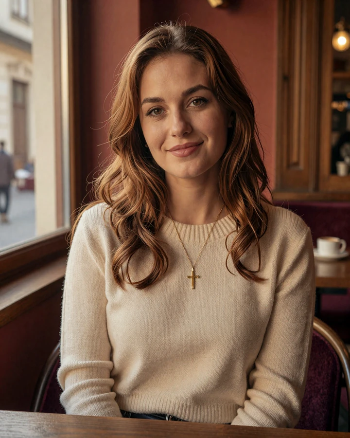 Verified Romanian woman Elena from Bucharest on SlavicLove, smiling in a warm old-town cafe, member profile for American men seeking a Romanian bride