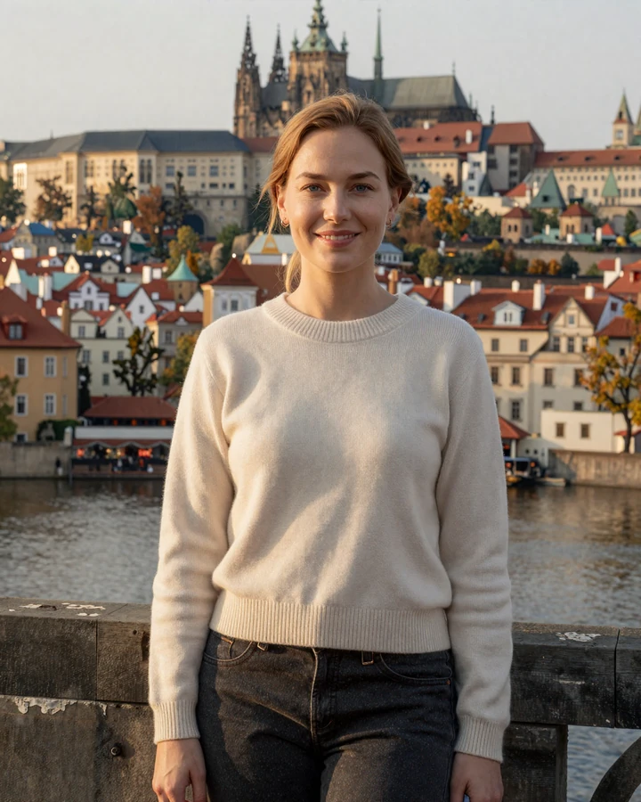 Verified Czech woman Petra from Prague standing on Charles Bridge, SlavicLove profile for American men seeking an educated Czech bride
