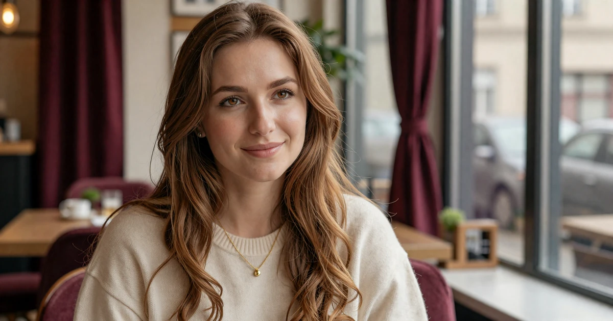 Slavic woman in her early thirties smiling warmly in a Kyiv cafe, verified member of SlavicLove dating platform