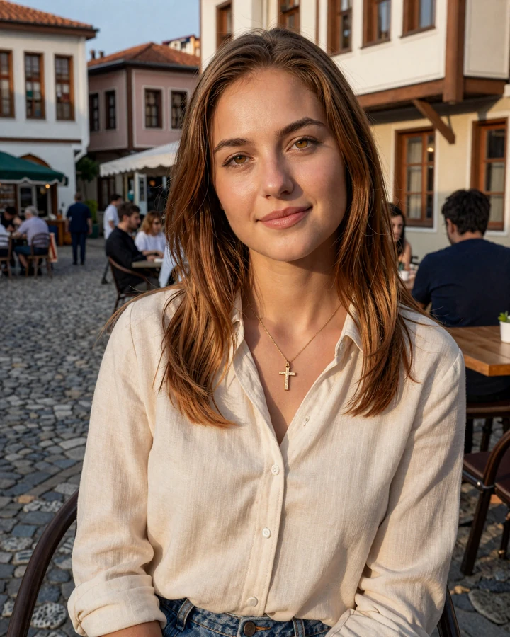 Verified Bulgarian woman Mariya from Plovdiv sitting at a cafe terrace, SlavicLove profile for American men seeking an Orthodox Bulgarian bride