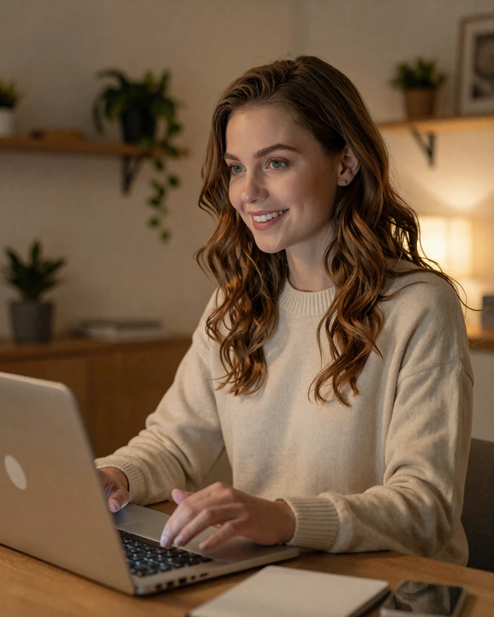Ukrainian woman in cozy sweater on video call with American boyfriend, illustrating long-distance relationship with Slavic women
