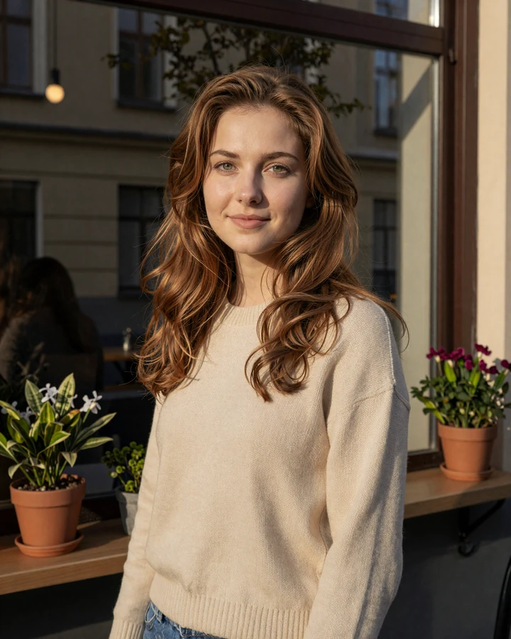 Verified Ukrainian woman from Kyiv smiling in a sunlit cafe, SlavicLove member profile for American men seeking a Ukrainian wife