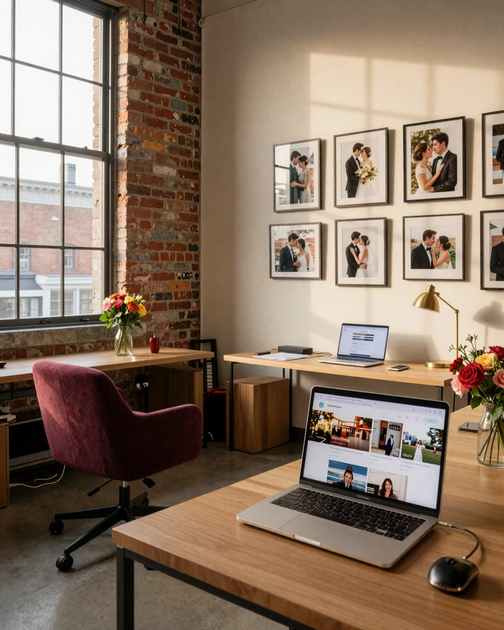 The SlavicLove team office in Brooklyn with wedding photos of married international couples on the wall