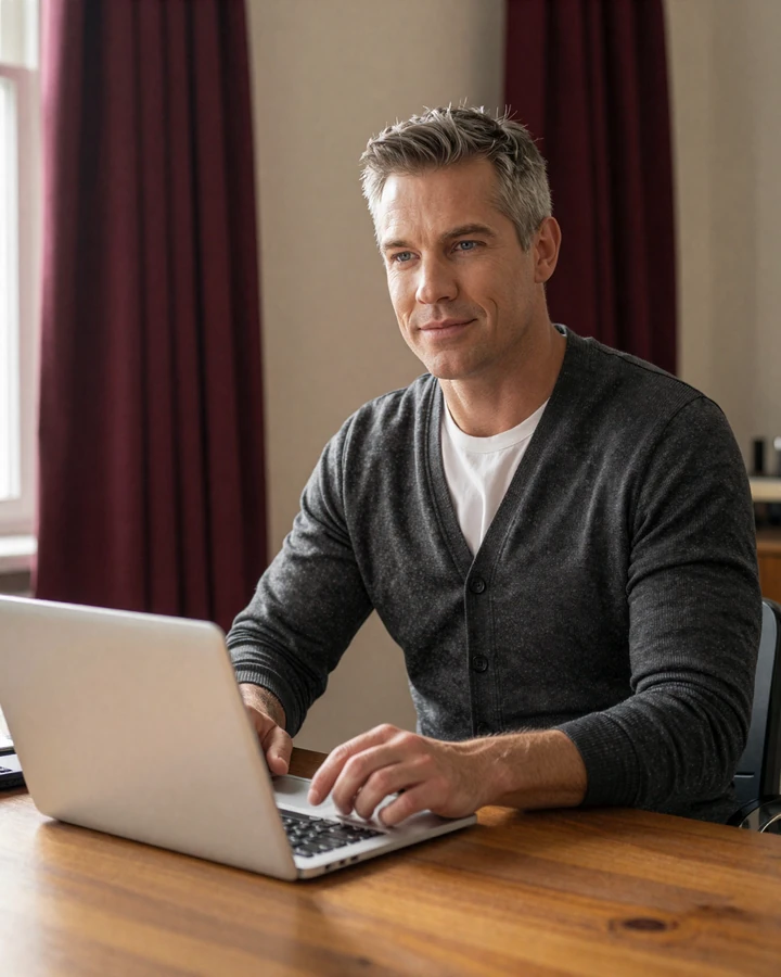 Mature American man reviewing Slavic dating safety tips on laptop in warm home office, SlavicLove verified platform