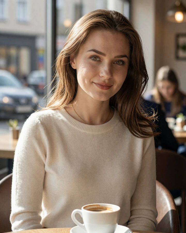 Verified Russian woman Elena from Moscow smiling in a cafe, SlavicLove member profile for American men seeking a Russian wife