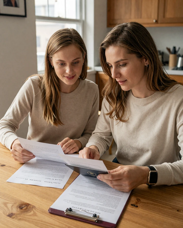 American man and his Ukrainian fiancée reviewing K-1 visa paperwork at a kitchen table, illustrating the fiancee visa process guide