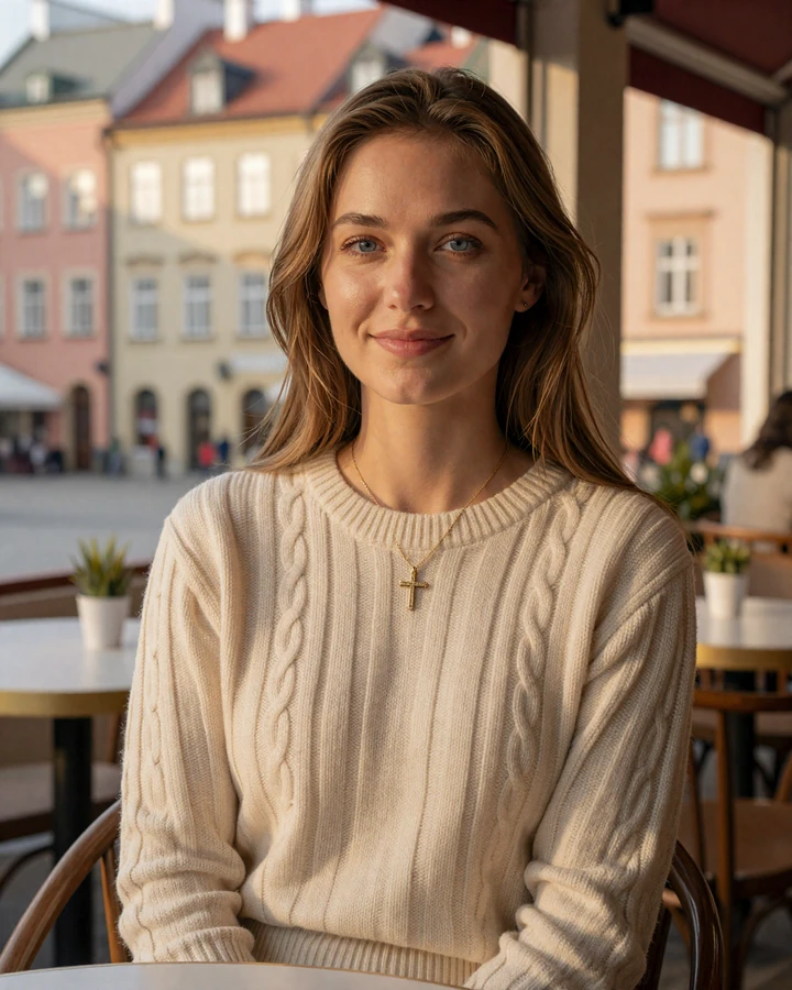 Verified Polish woman Anna from Warsaw smiling in a cafe, SlavicLove member profile for American men seeking a Polish Catholic wife
