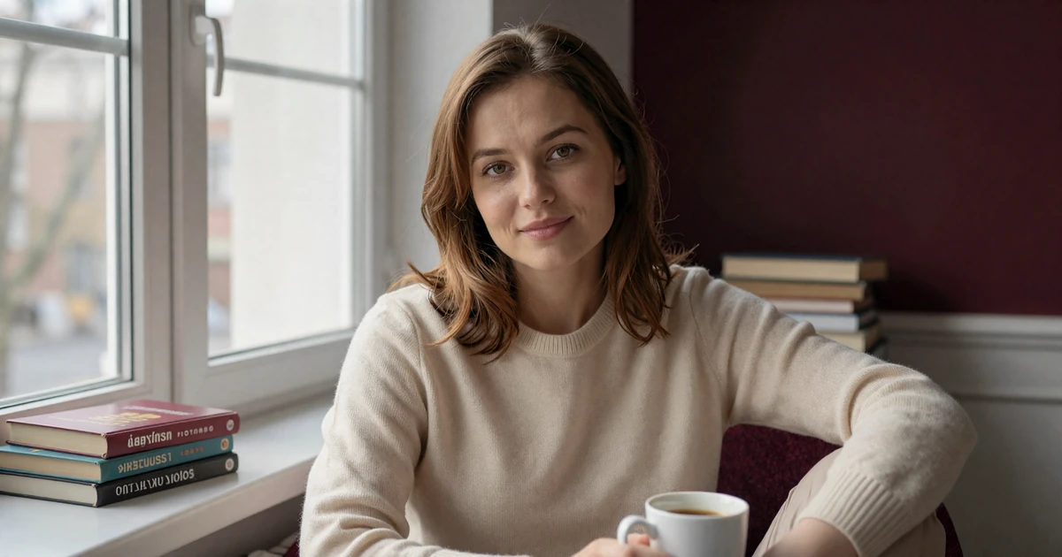 Thoughtful Ukrainian woman in cream sweater by a Kyiv window illustrating why Slavic women seek American men
