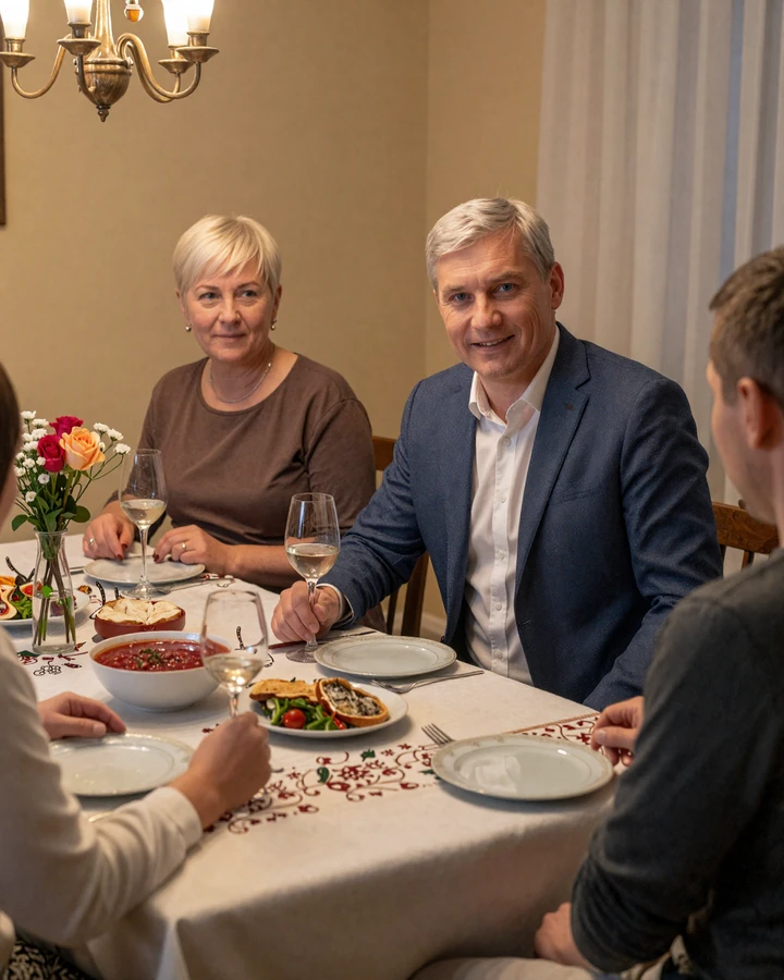 American man meeting Slavic parents at a traditional family dinner in Kyiv with bread, flowers and warm evening light