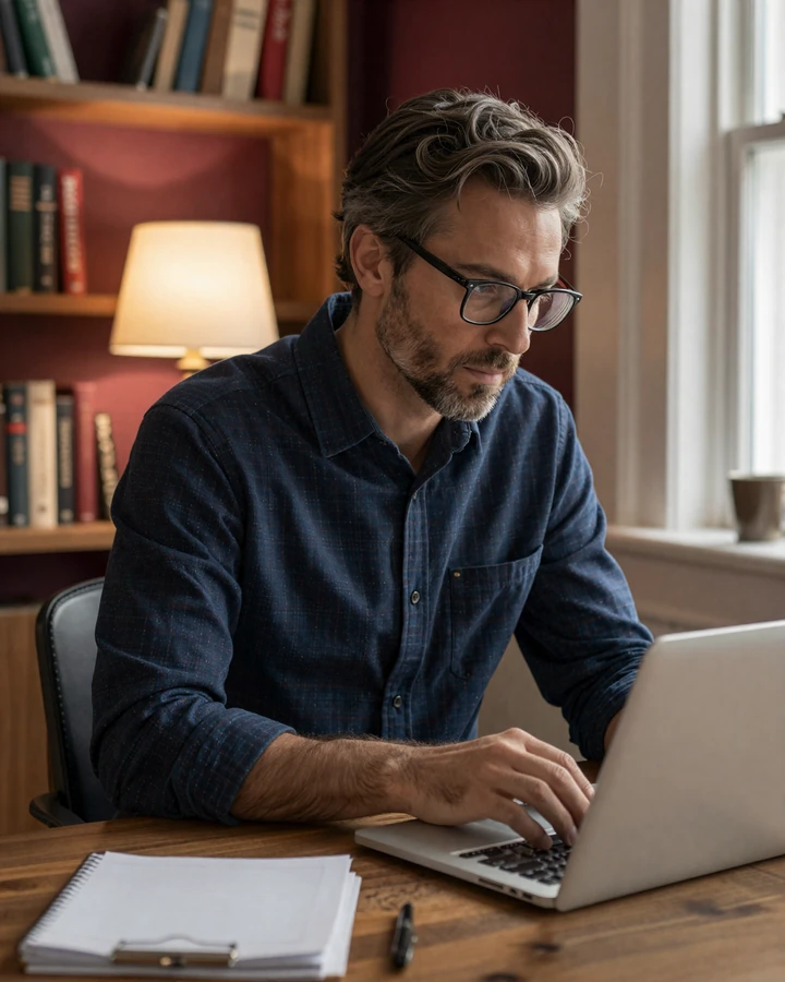 American man carefully reviewing a dating profile on laptop to avoid Slavic dating scams, home office evening light